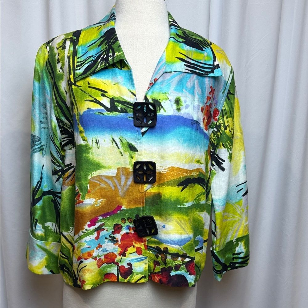 Caroline Rose Tropical Lined Linen Blazer with Unique Square Buttons, Small